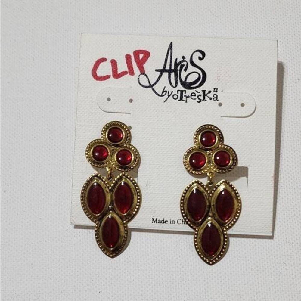 Treska Clip On Arts Gold Tone Red Cabochon Drop Clip On Earrings Vintage‎ Style